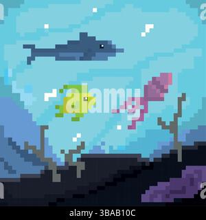 Farbige pixelige Unterwasserlandschaft mit Tieren Vektor-Illustration Stock Vektor