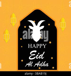 EID Al Adha Gruß mit Ziegensilhouette und Laternen Stock Vektor