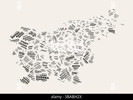 Slowenien Word Cloud. Land mit regionaler Abteilung. Slowenien typographischer Text Wolken Vektor-Bilddesign. Landschaftbild im Vintage gazette-Stil. Stock Vektor
