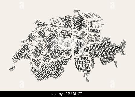 Schweiz Word Cloud. Land mit Geschäftsbereich Regionen. Schweiz typographischer Text Wolken Vektorbild Design. Stock Vektor