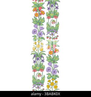 Streifenmuster mit Blumen der kanarischen Inseln. Nahtloser, vertikaler Blumenrand mit handgezeichneten Millefleur-Pflanzen Stock Vektor