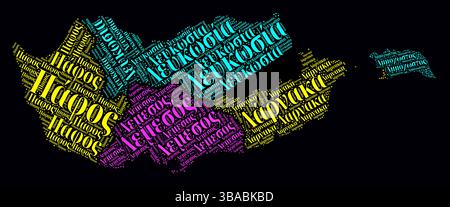 Zypern Wortwolke. Regionale Namen des Landes in griechischer Sprache. Helles Neondesign auf dunklem Hintergrund. Stock Vektor