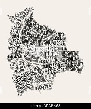 Bolivien Word Cloud. Land mit Geschäftsbereich Regionen. Bolivien typographischer Text Wolken Vektor-Bilddesign. Landschaftbild im Vintage gazette-Stil. Stock Vektor