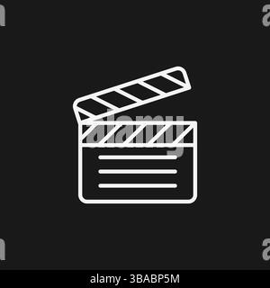 Movie Clapperboard Icon Weiße Umrisse auf schwarzem Hintergrund für Filmproduktion und Kinoaktion Stock Vektor