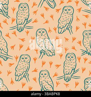 Nahtloses Muster im Vintage-Stil mit Eulenwald. Kindliche Hand gezeichnete Eulenvögel Hintergrund. Ideal für Stoffe, Textilien, Bekleidung und Tapeten. Stock Vektor