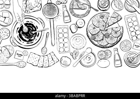 Backwarenkurse und Kurse Bannerhintergrund für Ihren Text. Vektor-Illustration in Doodle Hand gezeichnet Stil für Backschule Web Site Header, Advertis Stock Vektor