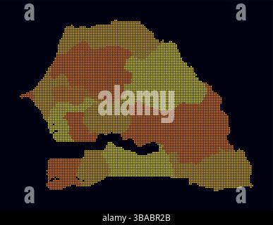 Senegal gepunktete Karte. Digitale Landkarte des Landes auf dunklem Hintergrund. Senegalesische Form mit quadratischen Punkten. Farbige Punkte. Kleine Quadrate. Stock Vektor