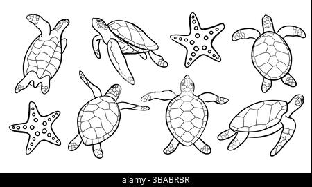 Silhouette-Set mit Meeresschildkrötenlinie. Sea and Ocean Underwater Life Vector Kollektion Stock Vektor