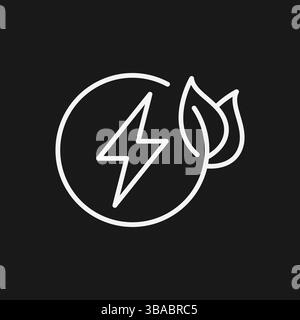 Minimalistisches Lightning Bolt and Leaf Symbol weiß auf Schwarz für umweltfreundliches Energie- und Nachhaltigkeitskonzept Stock Vektor