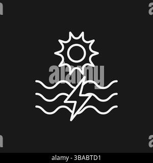 Minimalistisches Sonnenlicht über Wellen und Lightning Bolt Symbol White Lines on Black für erneuerbare Energien und Umweltkonzept Stock Vektor