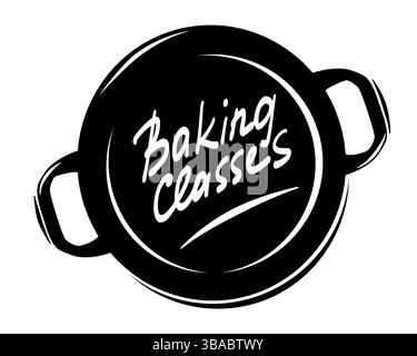Symbol für Backkurse mit handgeschriebenen Buchstaben auf der Silhouette der Braizer-Pfanne, isoliert auf weißem Hintergrund. Stock Vektor