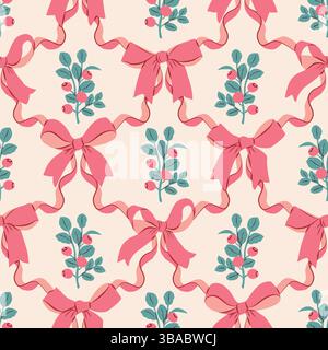 Nahtloses Rautenmuster mit präppigen Preiselbeeren und Schleifen. Vektor nette Kinder Zeichentrickfilm handgezeichnete Vintage Illustration. Ideal für Textildruck, Stock Vektor