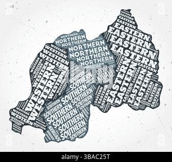 Wortwolken in Ruanda. Länderform auf strukturiertem Hintergrund. Ruandisches Design im typografischen Stil. Erstaunliche Vektorillustration. Stock Vektor