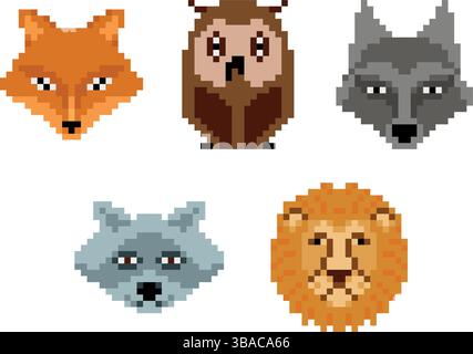 Wild Animals Pixel Art Set Stock Vektor