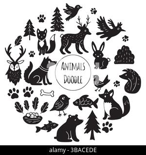 Das kritzelnde schwarze Illustrationsset mit niedlichen Waldtieren. Verschiedene Zeichentricktiere für Ihre Projekte Stock Vektor