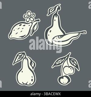 Obstaufkleber Set. Doodle-Symbol, handgezeichneter dekorativer Tintenstrichpinsel, schwarze Skizzenkontur, Fruchtsymbol Cartoon flaches Design, weißer Hintergrund Stock Vektor
