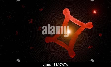 3D-Darstellung von prominentem gemini-Symbol und astrologischem Hintergrund Stockfoto