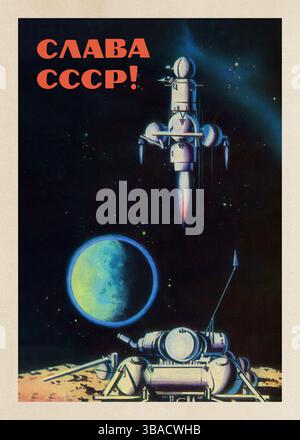 1961 Propagandaplakat der UdSSR zu Ehren von Juri Gagarins Raumfahrt. Kosmonaut, der Lenin-Flagge und CCCP-Globus erreicht. Stockfoto