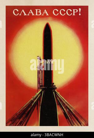 1961 Propagandaplakat der UdSSR zu Ehren von Juri Gagarins Raumfahrt. Kosmonaut, der Lenin-Flagge und CCCP-Globus erreicht. Stockfoto