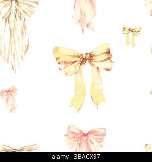 Muster von Bögen unterschiedlicher Größe. Aquarellmuster. Gelbe und pinkfarbene Schleifen von Bändern im Muster. Weißer Hintergrund. Geeignet zum Drucken Stockfoto