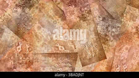 Abstrakte Geometrische Mosaikbifold-Präsentation. Leinwand Textur Hintergrund mit islamischem Muster. Die Muster auf Vintage Boden . Alte graubraune Rost Stockfoto