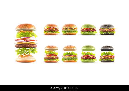 Hamburger mit Käse- und Gemüsematerial, verschiedene Ansichten, 3D-Rendering. Fast Food Burger mit Sojasotelett und Rindfleisch, isoliert. C Stockfoto