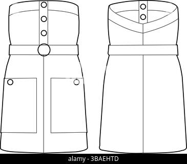 Einfache Liniengrafik eines trägerlosen Kleides mit Knopfleiste und Gürtel – flache Skizze (Vorder- und Rückansicht) Stock Vektor