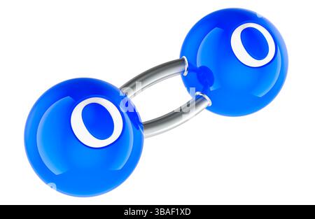 O2 Sauerstoff, Molekül. 3D-Rendering isoliert auf weißem Hintergrund Stockfoto