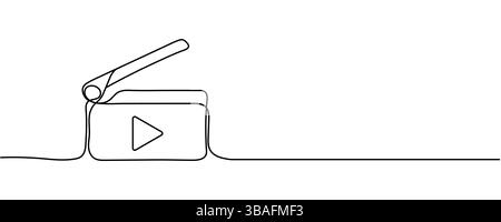 Eine durchgehende Linienzeichnung mit Klapptafel. Action-Filmszene und Retro-Videoproduktionskonzept in einfachem linearen Stil. Bearbeitbare Kontur. E Stock Vektor