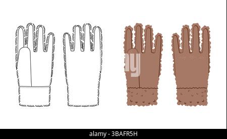 Flauschige Handschuhe Mocha Mousse Cartoon und flache Skizze Umriss Mode Hand Accessoire Kleidung technische Illustration Kleid. Vektor-Vorderhandinnenansicht für Männer, Frauen Unisex-Stil Vorlage CAD auf weiß Stock Vektor