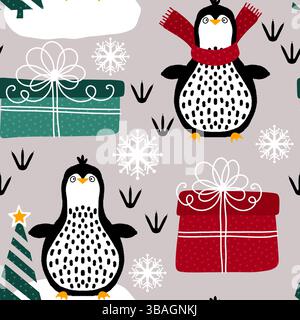 Nahtloses Pinguinmuster für Geschenkpapier und Stoffe sowie Bettwäsche und Kinderbekleidung und Neujahrsverpackungen sowie Noel Winter pac Stockfoto