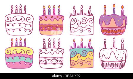 Geburtstagskuchen Umriss Clipart Set. Farbenfrohe Kuchen mit handgezeichneter Clip-Art-Kollektion für Geburtstage, Hochzeiten und Jubiläumsfeiern Stock Vektor