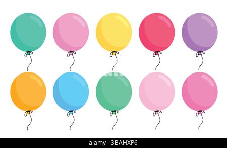 Birthday Ballons Elements Clipart Set. Geburtstagskollektion bunte aufblasbare Ballon Clip Art mit schwarzem Band Krawatte Zeichenobjekt in weiß Stock Vektor