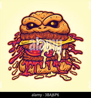 Burger Monster mit tropfenden Käsevektorillustrationen für Ihr Arbeitslogo, Merchandise T-Shirt, Aufkleber und Etikettendesigns, Poster, Grußkarten a Stock Vektor