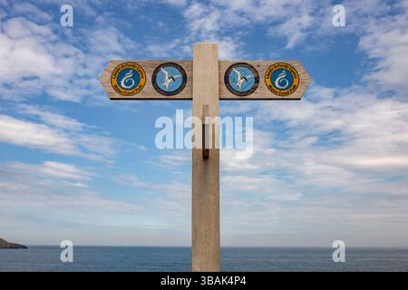Wales Coast Path, Isle of Anglesey Coast Path, Holzschild mit dem Meer im Hintergrund. Wales, Cymru, Wegmarkierung. Stockfoto