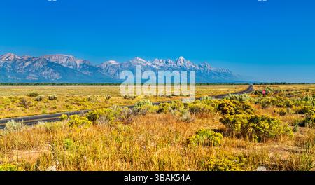 Ein großer Blick auf die Grand Teton Bergkette, die sich über den trockenen Grasebenen des Jackson Hole Valley erhebt, von einem ruhigen Highway unter einem leuchtend blauen Sommerhimmel aus gesehen. Wyoming, Usa Stockfoto