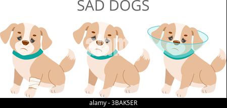 Entzückende Zeichentrickhunde mit traurigem Ausdruck, die medizinische Masken und Verbände tragen. Perfekt für Tierpflege, Gesundheit oder emotionale Unterstützung Designs. Stock Vektor