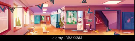Schmutzige Szene auf dem Schulflur - der Flur ist voller Müll. Die Bulletin Board-Notizen sind verstreut, die Schließfächer sind offen. Umgekippter Mülleimer, Kühler für verschüttetes Wasser. Chaotische Bildungseinrichtung im Innenraum. Stock Vektor
