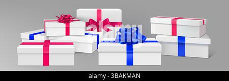 Podium und Präsentationsbühne für Geschenkboxen – weiße rechteckige Schachteln, umwickelt mit glänzenden Bändern in blauen und roten Farben, die zu dekorativen Schleifen gebunden sind, in Form einer Plattformpyramide auf grauem BG gestapelt werden. Stock Vektor
