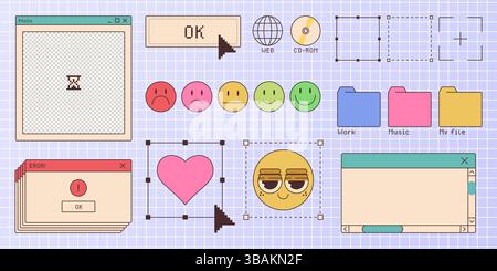 Fensteroberflächenelemente im Retro-Stil von nostalgischen Websites – Emoticon Gesichtssymbole, bunte Ordner, Popup-Fenster mit Fehlermeldungen im Dialog, rosa Liebesherz. UI-Elemente für Vintage-Internet-Design. Stock Vektor