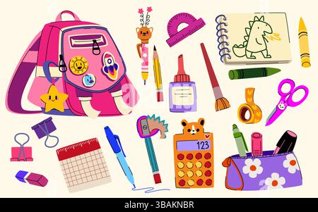 Schultasche und Schreibwaren, isoliert auf weißem Hintergrund. Vektor-Karikaturillustration von mädchenrosa Rucksack, Notizblock, Stift, Bleistiftspitzer und Radierer, Schere, Taschenrechner, Bildungszubehör Stock Vektor