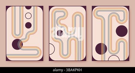 Retro-Banner-Set mit Regenbogenmuster. Vektor-Illustration des ästhetischen y2k-Poster-Hintergrunds mit Farbbögen und Kreisen auf beigem Hintergrund, abstrakte geometrische Formen, 70er Jahre Stil Tapeten Stock Vektor