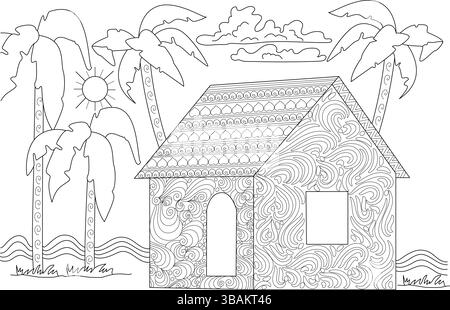 Schwarz-weiße Strichgrafik eines bezaubernden Strandhauses, umgeben von Palmen, Sonne und Wellen. Das Haus und die Umgebung sind kompliziert, Stock Vektor