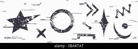 Funkelnde verzerrte Formen Set – schwarzer Stern, Kreis und einfache geometrische Formen mit digitaler Pixelrauschstruktur, alte beschädigte Zeichen. Zerkratzte Designelemente mit statischem tv-Signal. Stock Vektor