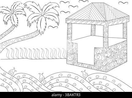 Detaillierte Schwarzweiß-Strichgrafik-Illustration einer tropischen Strandszene. Das Bild zeigt zwei Palmen, stilisierte Meereswellen mit kleinen Fischen, bir Stock Vektor