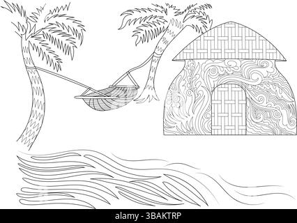Schwarz-weiße Strichgrafik, die eine tropische Strandszene mit einem detaillierten traditionellen Haus, Palmen, einer Hängematte und Wellen darstellt. Handgezeichnet Stock Vektor