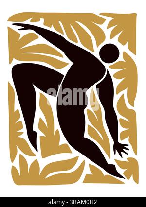 Vektor-Illustration im Stil von Henri Matisse, mit einer handgezeichneten abstrakten menschlichen Silhouette umgeben von ausdrucksstarken Blattformen in einem auffälligen Schnitt Stock Vektor