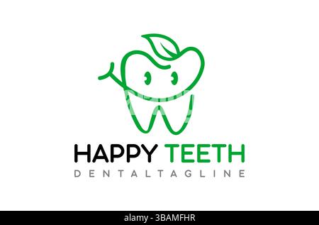 Happy Teeth Dental Logo Design, grünes Blatt mit Smiley Zähne Logo, Kinder Dentalimplantat Logo, ECO Teeth mit Blatt Logo, Zahnarzt Kieferorthopädie Vektor Stock Vektor