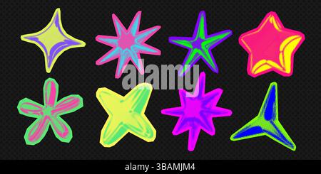 Y2K 3d Punk Neonfarben Hell Chrom Halbtonsterne Form Retro abstrakte Vektor Illustration Sticker Set. Stock Vektor