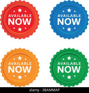 Satz farbenfroher runder Abzeichen mit ab sofort erhältlichem Text in Rot, Blau, Orange und Grün, für Marketing- und Werbezwecke Stock Vektor
